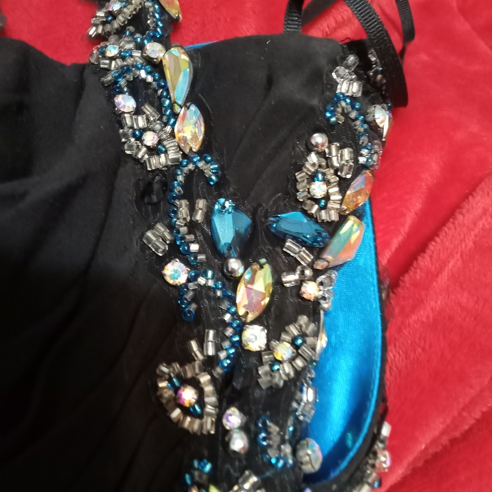 Women's Black & Royal Blue Beaded Jaoy Couture Floor Length Dress - Picture 12 of 16